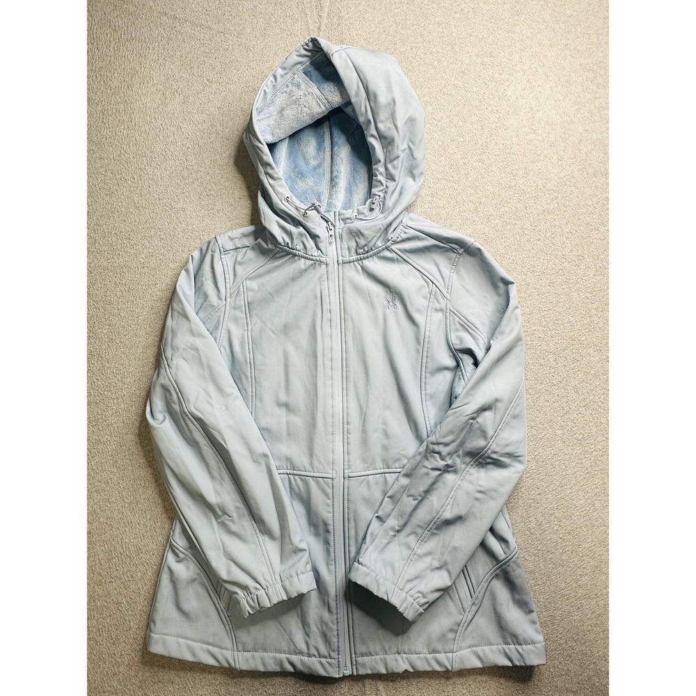 Spyder Jacket Womens Large Light Blue Hooded Full Zip Faux Fur Lined Softshell